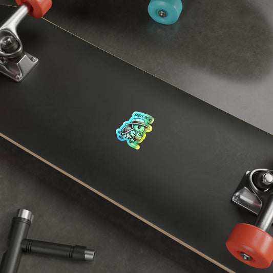 Holographic Die-Cut Sticker — 'Shell Yeah' Tropical Turtle with Coconut Drink