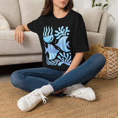 Ocean Coral Graphic T-Shirt — Coastal Reef Friends | Minimal Ocean Seamless Pattern | Blue Tropical Fish & Coral