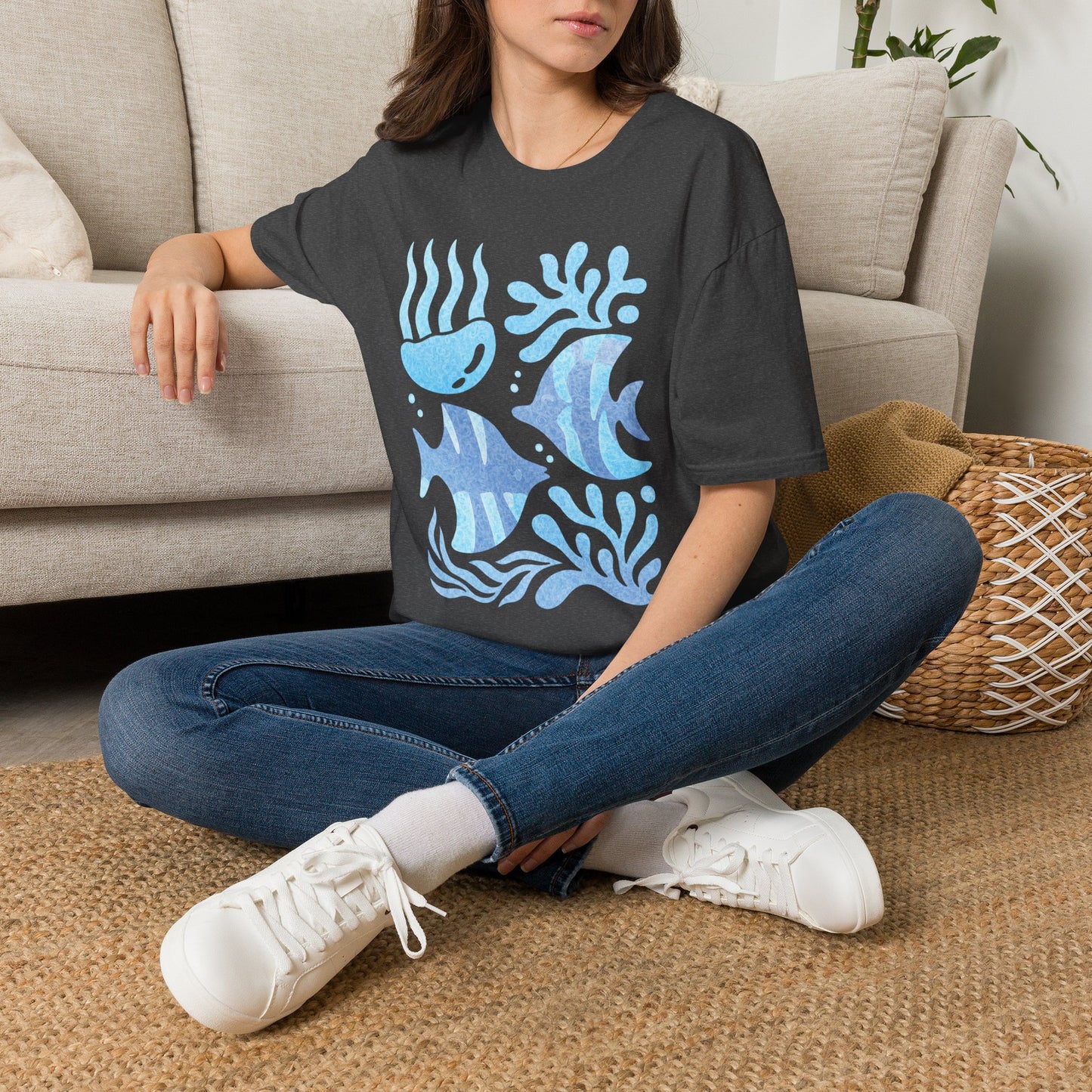 Ocean Coral Graphic T-Shirt — Coastal Reef Friends | Minimal Ocean Seamless Pattern | Blue Tropical Fish & Coral