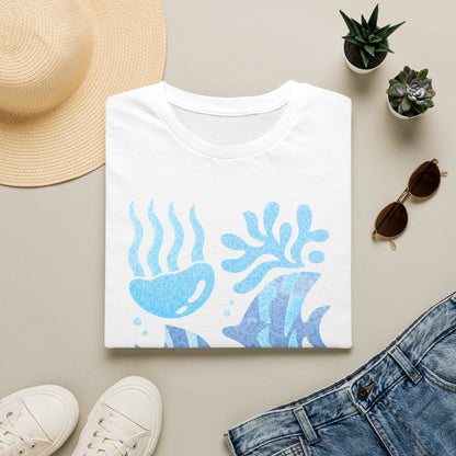 Ocean Coral Graphic T-Shirt — Coastal Reef Friends | Minimal Ocean Seamless Pattern | Blue Tropical Fish & Coral