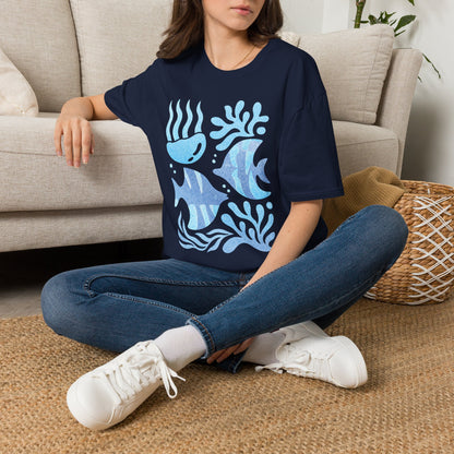 Ocean Coral Graphic T-Shirt — Coastal Reef Friends | Minimal Ocean Seamless Pattern | Blue Tropical Fish & Coral