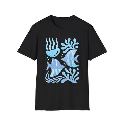Ocean Coral Graphic T-Shirt — Coastal Reef Friends | Minimal Ocean Seamless Pattern | Blue Tropical Fish & Coral