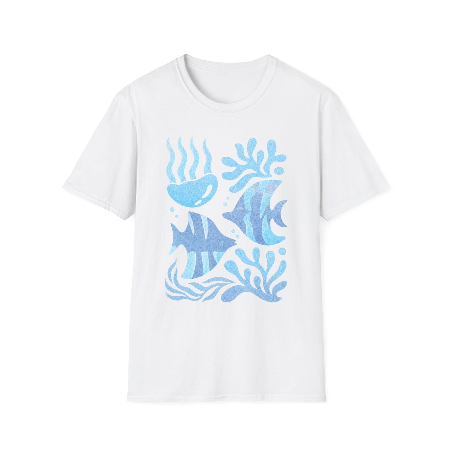 Ocean Coral Graphic T-Shirt — Coastal Reef Friends | Minimal Ocean Seamless Pattern | Blue Tropical Fish & Coral