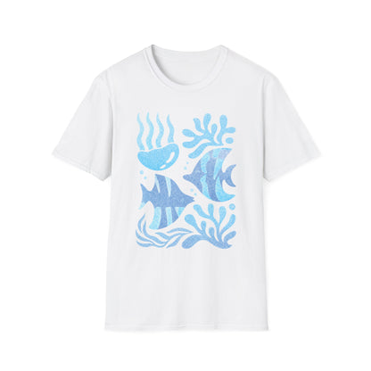 Ocean Coral Graphic T-Shirt — Coastal Reef Friends | Minimal Ocean Seamless Pattern | Blue Tropical Fish & Coral