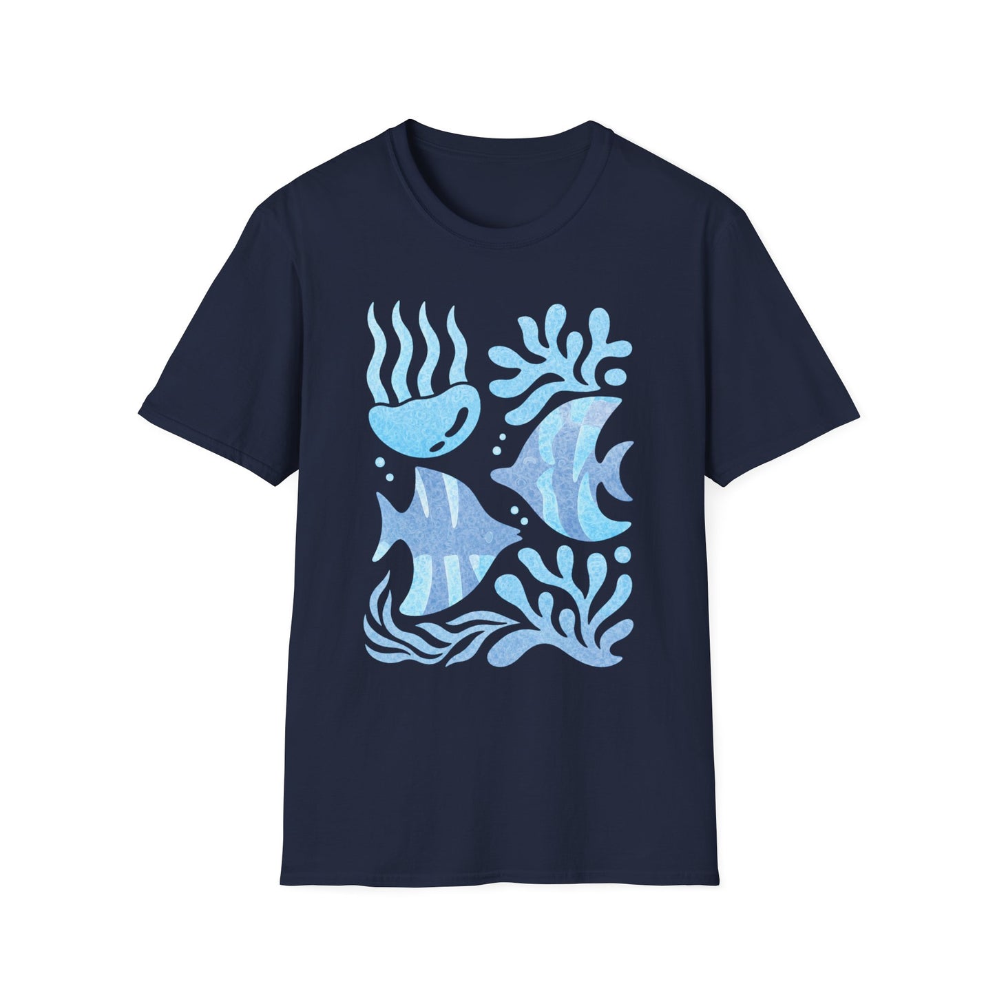 Ocean Coral Graphic T-Shirt — Coastal Reef Friends | Minimal Ocean Seamless Pattern | Blue Tropical Fish & Coral