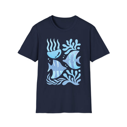Ocean Coral Graphic T-Shirt — Coastal Reef Friends | Minimal Ocean Seamless Pattern | Blue Tropical Fish & Coral