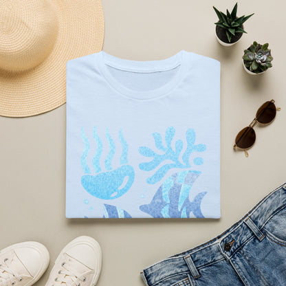 Ocean Coral Graphic T-Shirt — Coastal Reef Friends | Minimal Ocean Seamless Pattern | Blue Tropical Fish & Coral
