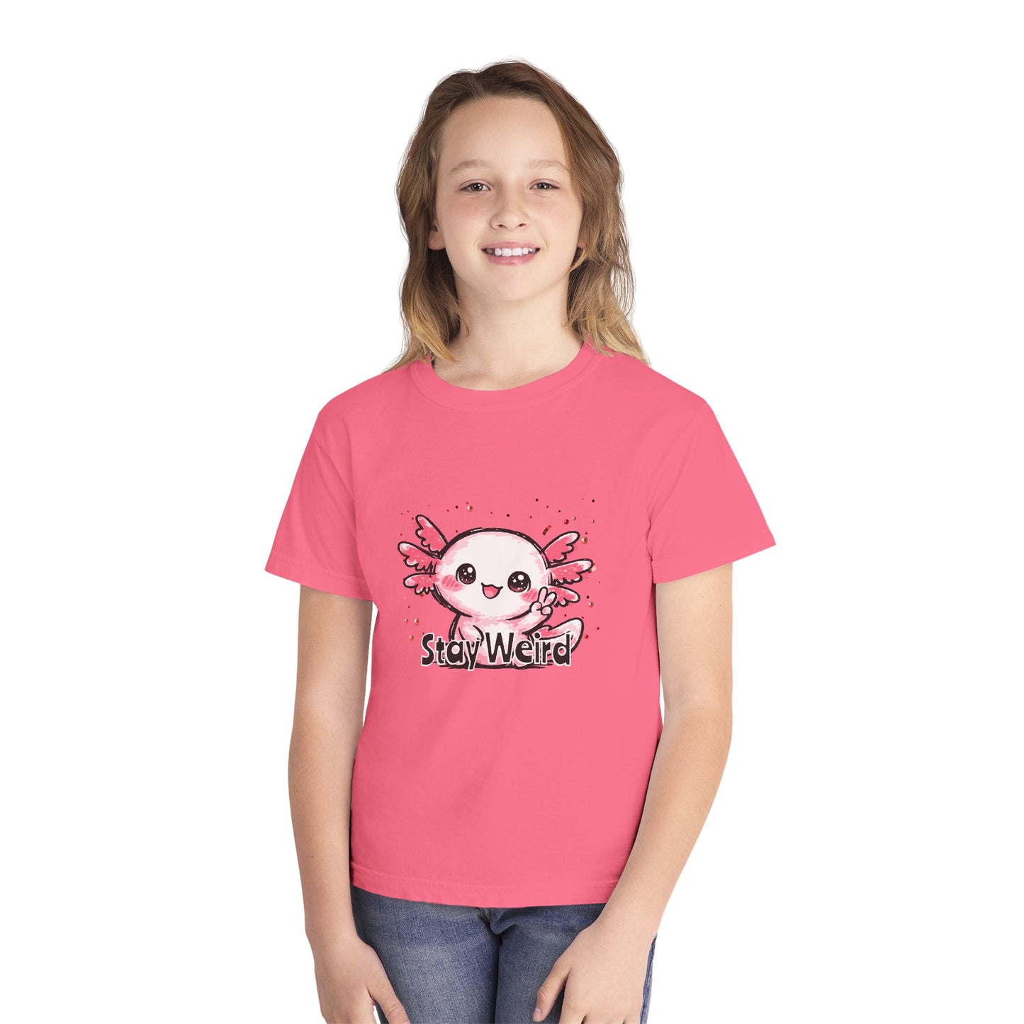 Cute Pink Axolotl “Stay Weird” Graphic Youth TShirt