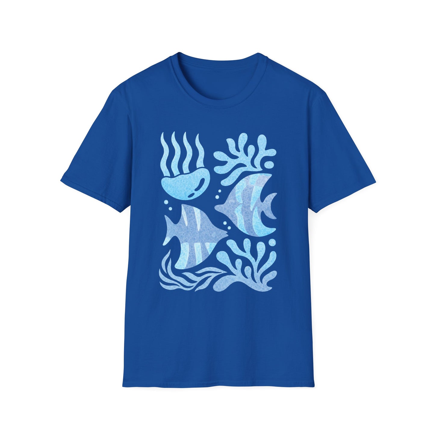 Ocean Coral Graphic T-Shirt — Coastal Reef Friends | Minimal Ocean Seamless Pattern | Blue Tropical Fish & Coral