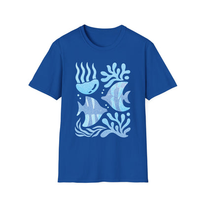 Ocean Coral Graphic T-Shirt — Coastal Reef Friends | Minimal Ocean Seamless Pattern | Blue Tropical Fish & Coral