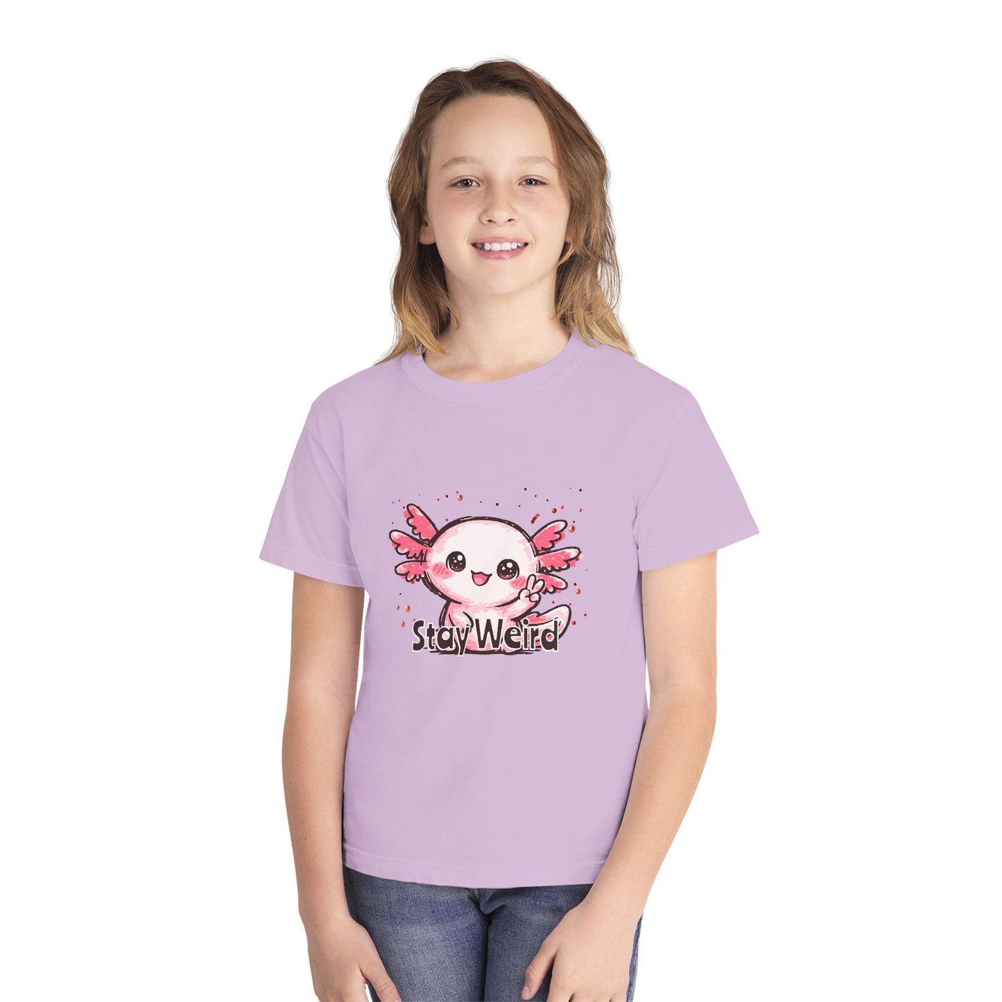 Cute Pink Axolotl “Stay Weird” Graphic Youth TShirt