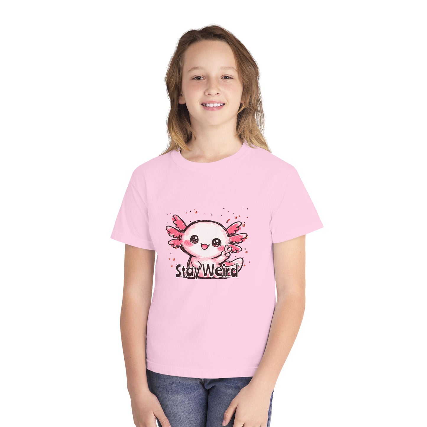 Cute Pink Axolotl “Stay Weird” Graphic Youth TShirt