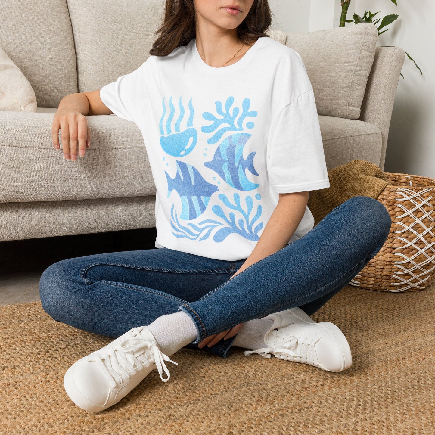 Ocean Coral Graphic T-Shirt — Coastal Reef Friends | Minimal Ocean Seamless Pattern | Blue Tropical Fish & Coral
