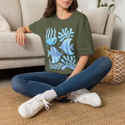 Ocean Coral Graphic T-Shirt — Coastal Reef Friends | Minimal Ocean Seamless Pattern | Blue Tropical Fish & Coral