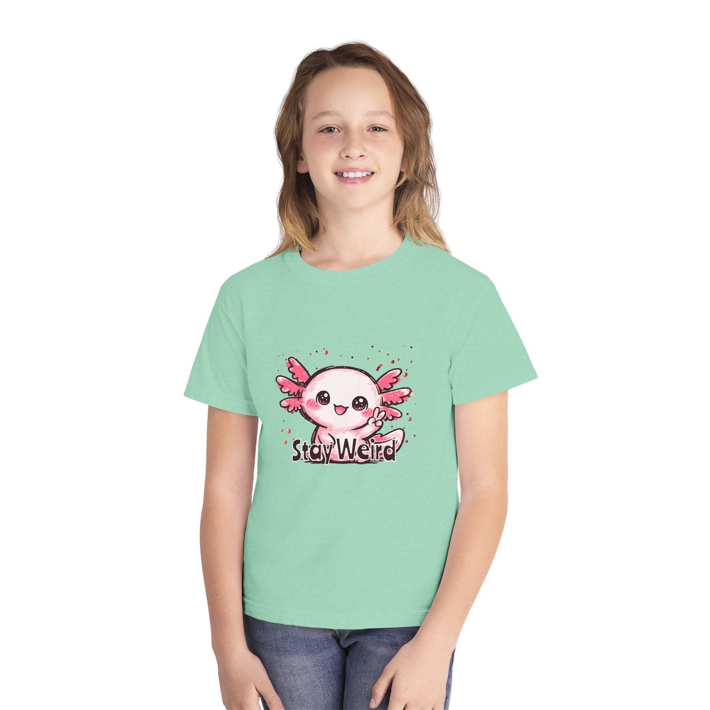 Cute Pink Axolotl “Stay Weird” Graphic Youth TShirt