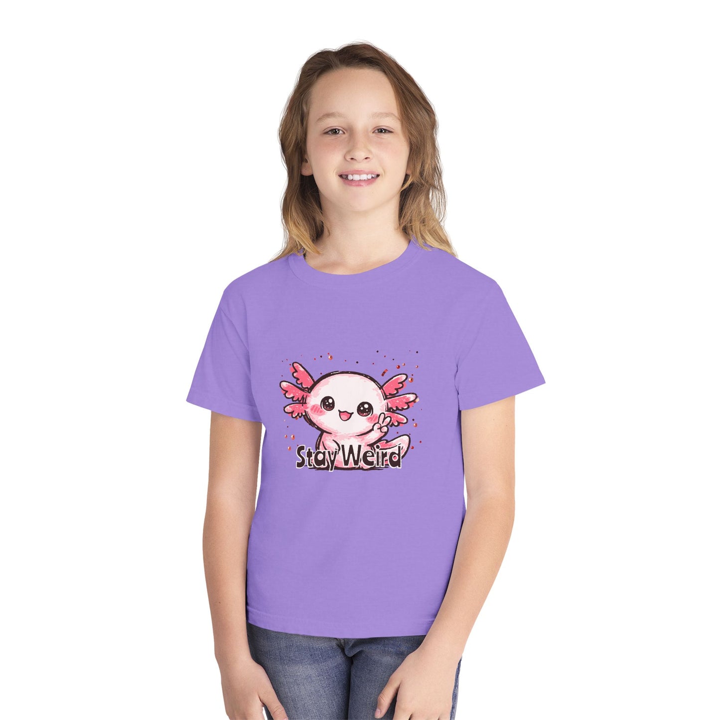 Cute Pink Axolotl “Stay Weird” Graphic Youth TShirt