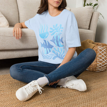 Ocean Coral Graphic T-Shirt — Coastal Reef Friends | Minimal Ocean Seamless Pattern | Blue Tropical Fish & Coral