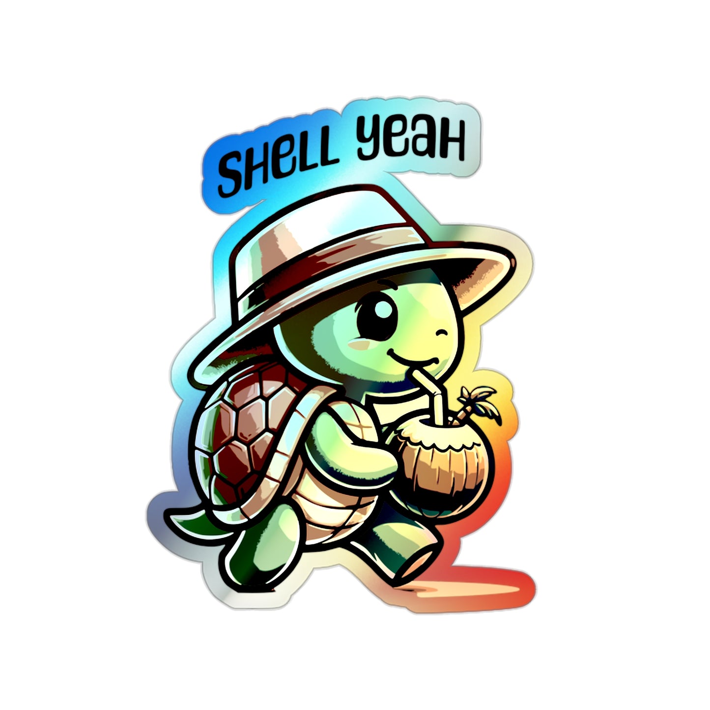 Holographic Die-Cut Sticker — 'Shell Yeah' Tropical Turtle with Coconut Drink