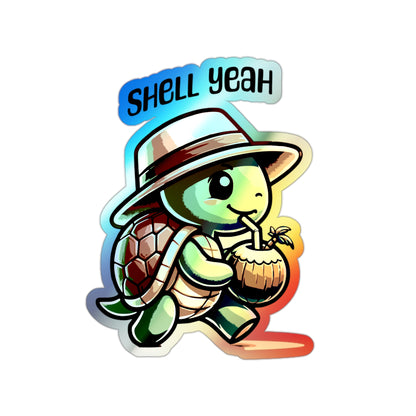 Holographic Die-Cut Sticker — 'Shell Yeah' Tropical Turtle with Coconut Drink