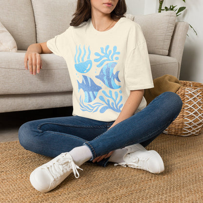 Ocean Coral Graphic T-Shirt — Coastal Reef Friends | Minimal Ocean Seamless Pattern | Blue Tropical Fish & Coral
