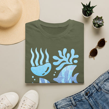 Ocean Coral Graphic T-Shirt — Coastal Reef Friends | Minimal Ocean Seamless Pattern | Blue Tropical Fish & Coral