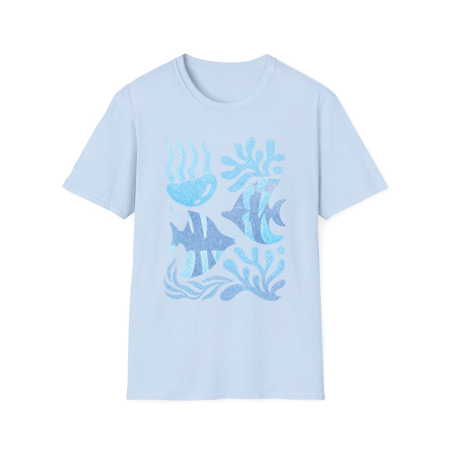 Ocean Coral Graphic T-Shirt — Coastal Reef Friends | Minimal Ocean Seamless Pattern | Blue Tropical Fish & Coral