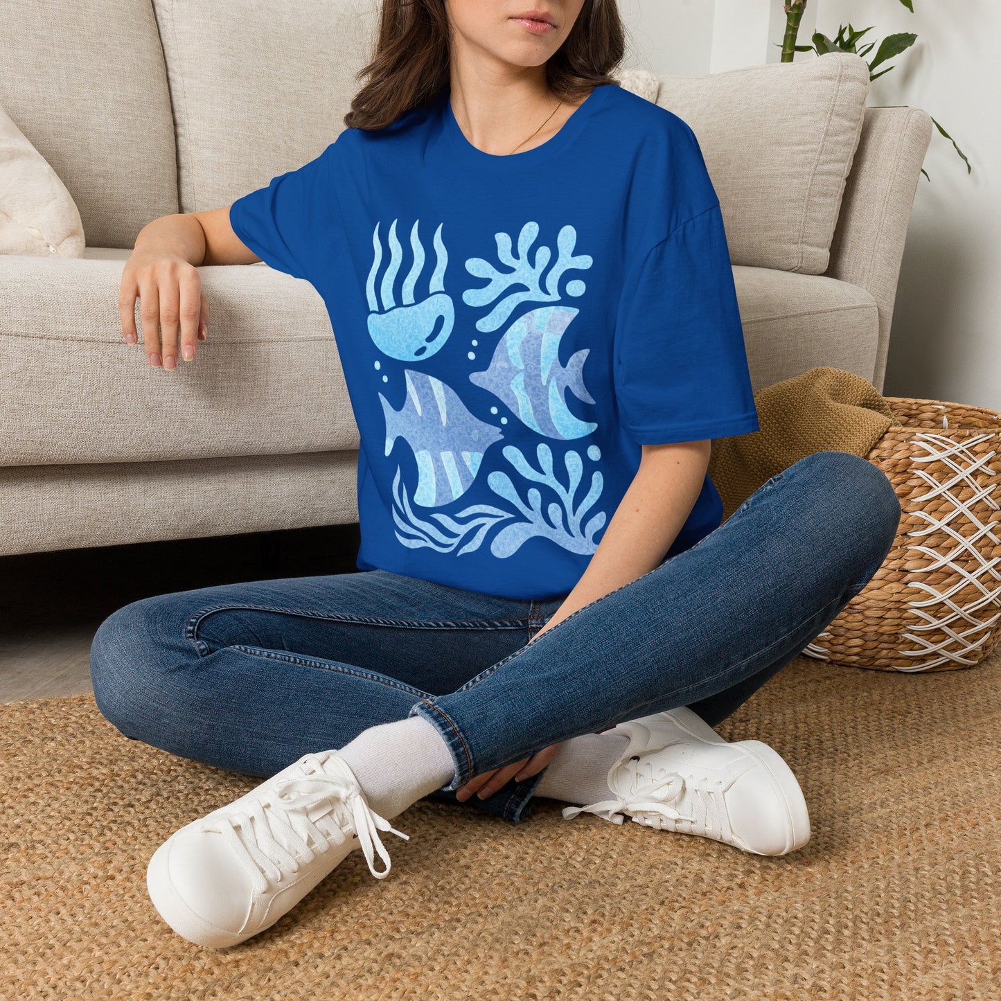 Ocean Coral Graphic T-Shirt — Coastal Reef Friends | Minimal Ocean Seamless Pattern | Blue Tropical Fish & Coral