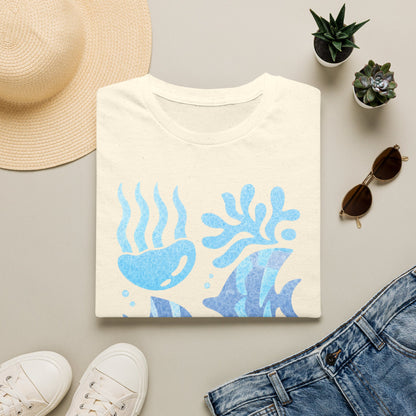 Ocean Coral Graphic T-Shirt — Coastal Reef Friends | Minimal Ocean Seamless Pattern | Blue Tropical Fish & Coral