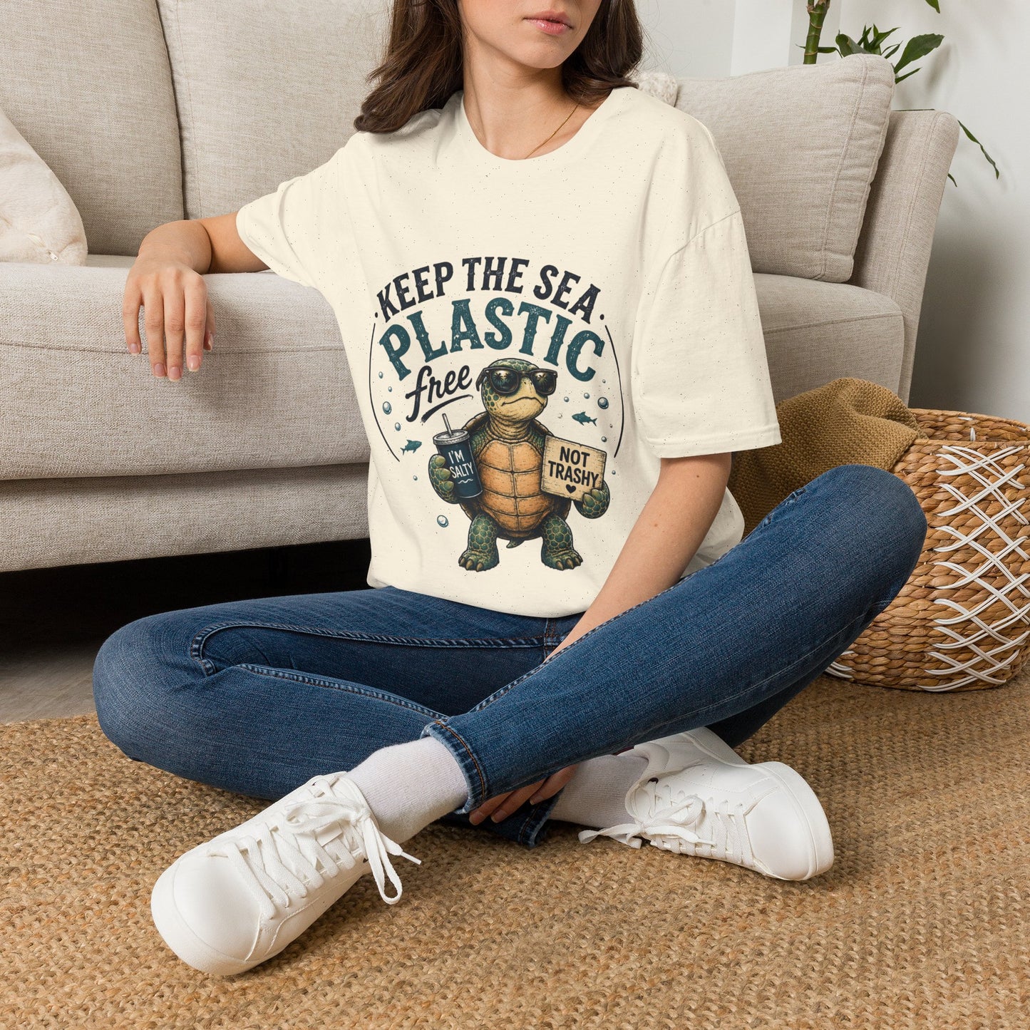 Keep the Sea Plastic Free | I'm Salty, Not Trashy Funny Sea Turtle T-Shirt Unisex Softstyle T-Shirt