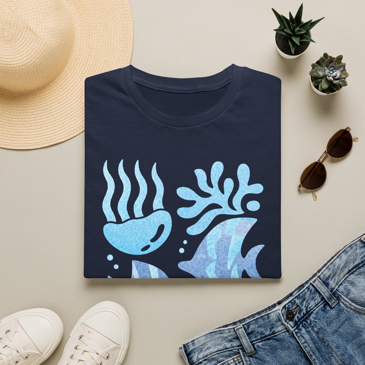 Ocean Coral Graphic T-Shirt — Coastal Reef Friends | Minimal Ocean Seamless Pattern | Blue Tropical Fish & Coral
