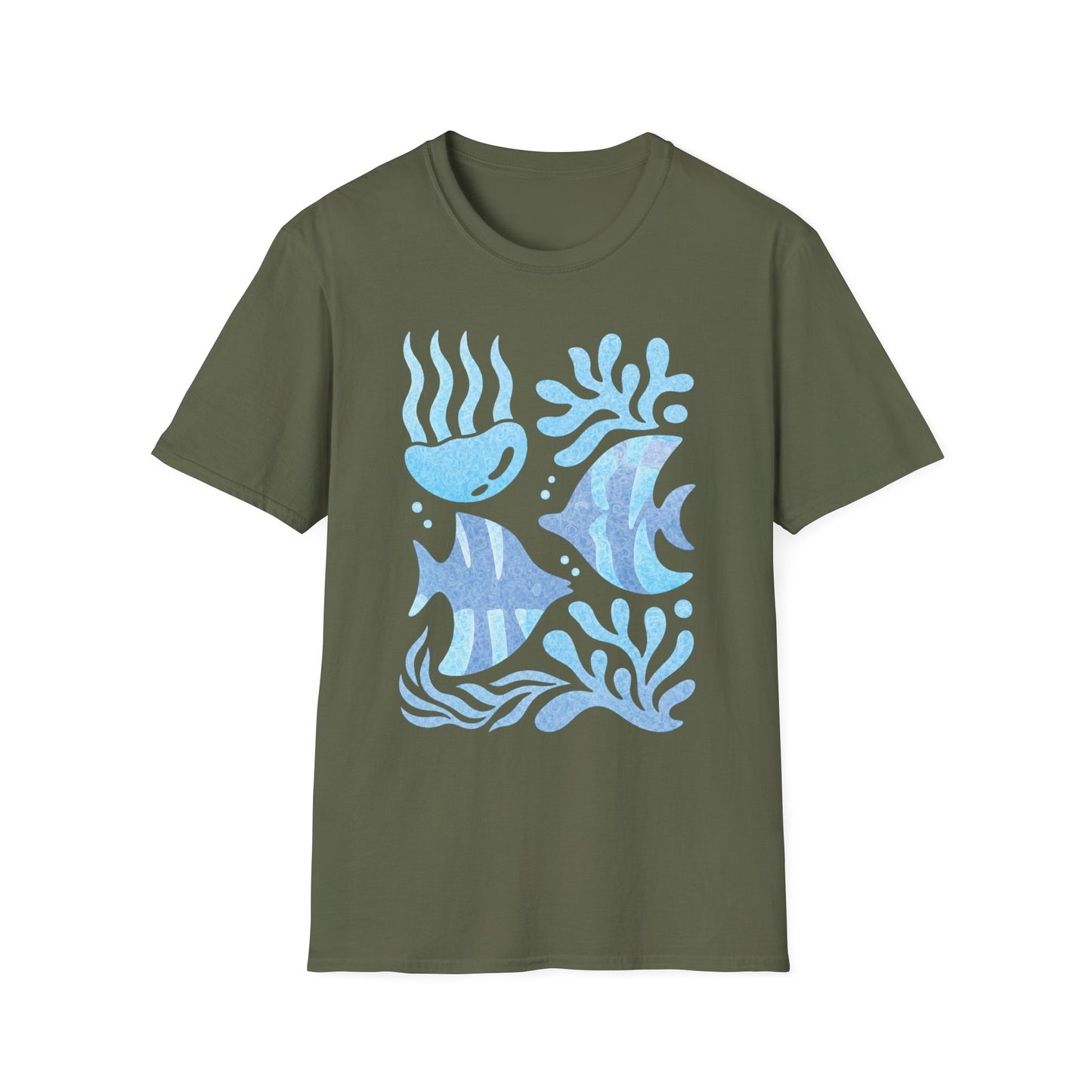 Ocean Coral Graphic T-Shirt — Coastal Reef Friends | Minimal Ocean Seamless Pattern | Blue Tropical Fish & Coral