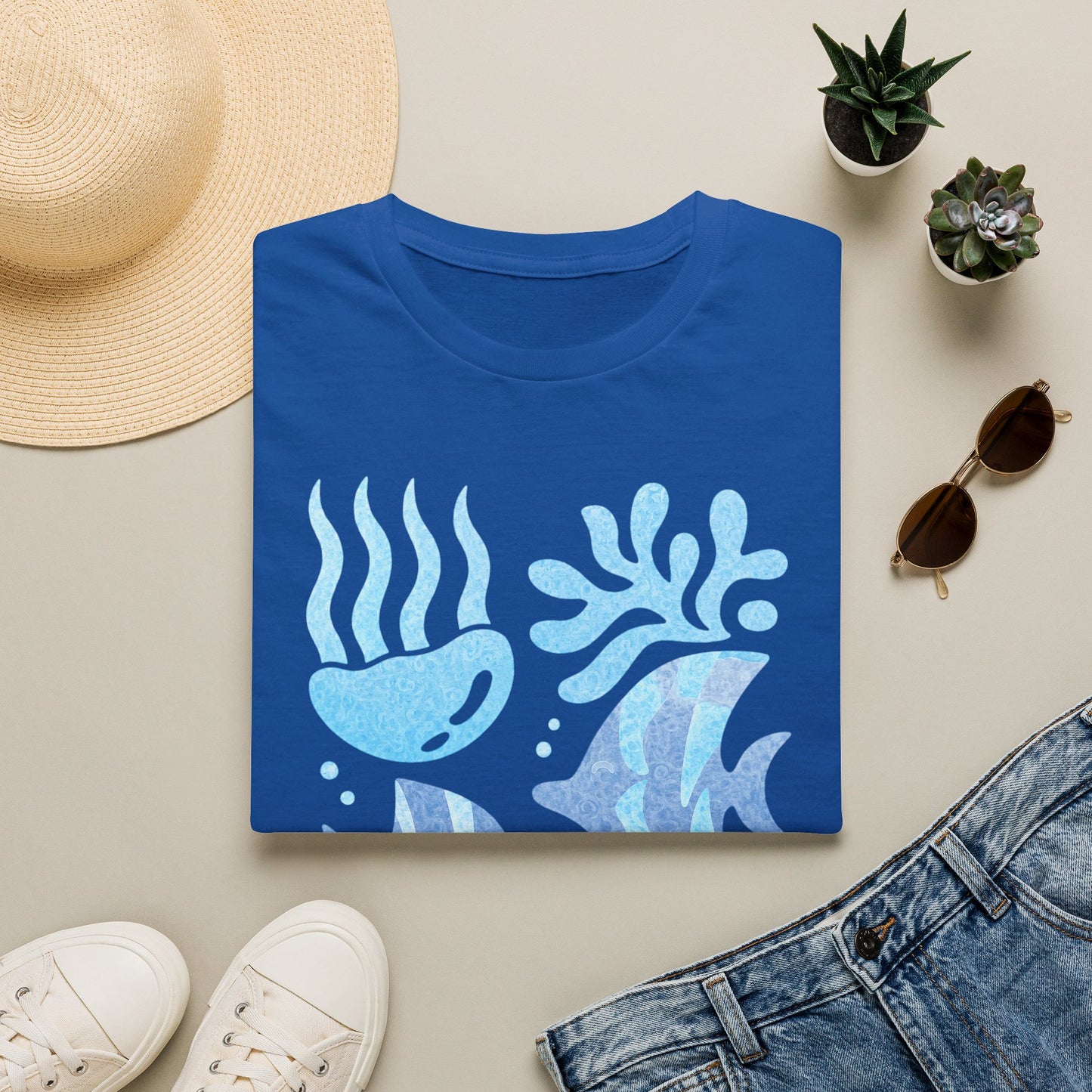 Ocean Coral Graphic T-Shirt — Coastal Reef Friends | Minimal Ocean Seamless Pattern | Blue Tropical Fish & Coral