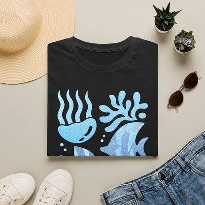 Ocean Coral Graphic T-Shirt — Coastal Reef Friends | Minimal Ocean Seamless Pattern | Blue Tropical Fish & Coral
